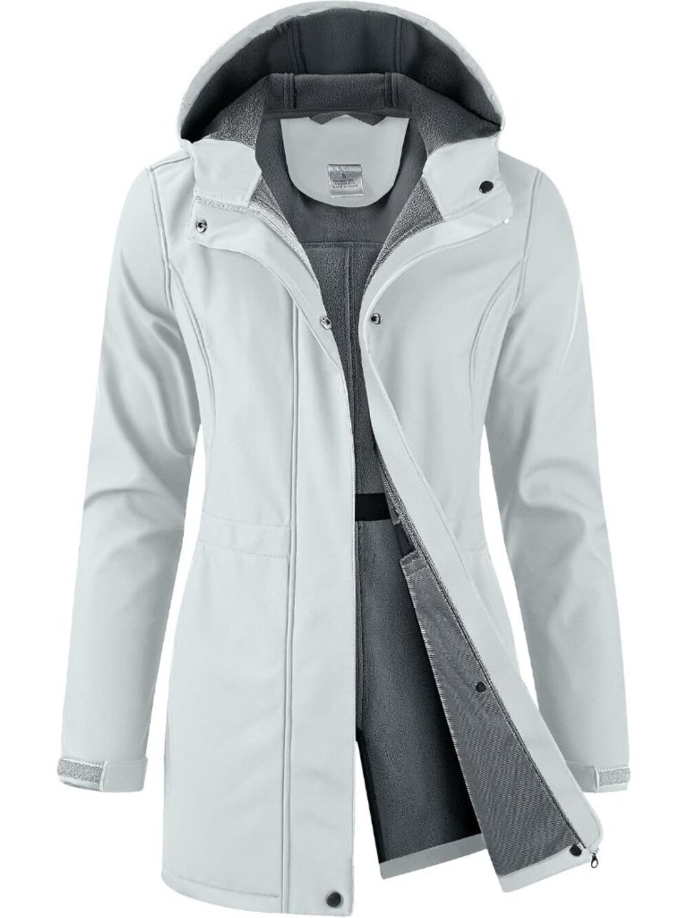 Women's White Hooded Fleece Lined Waterproof Hiking Softshell Long Rain Jacket